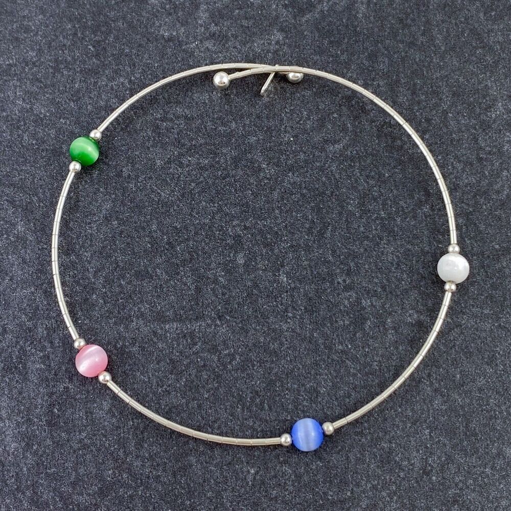 Sterling Silver 925 Memory Wire Multicolor Simulated Cat's Eye Bracelet 7"